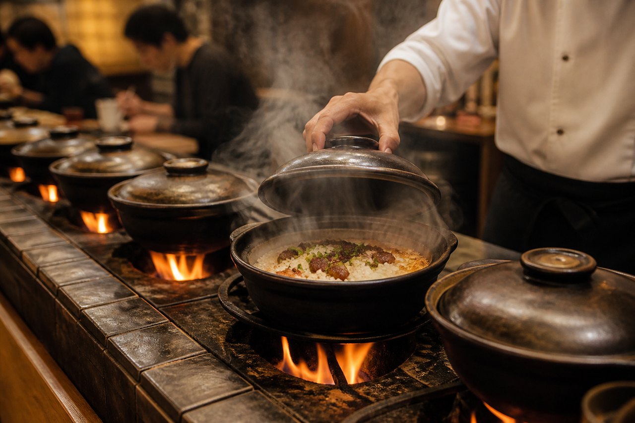 图10 煲仔饭板前现制:生米现煮、现场起锅