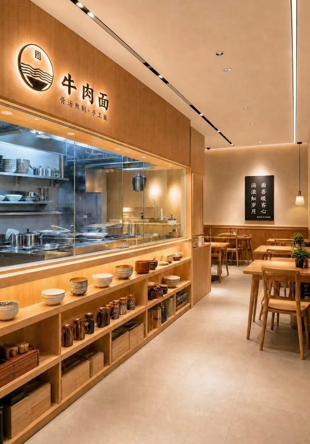 图6 明档实景:玻璃后厨现煮现制,展示货架陈列