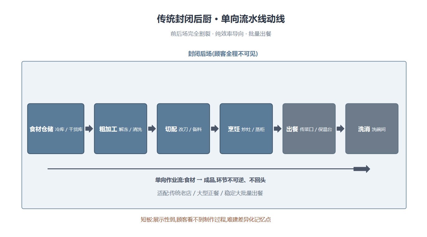 图2 传统封闭后厨单向流水线动线示意